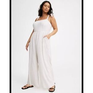 Torrid Striped Wide Leg Jumpsuit Plus Size 2 (2X) Tie Shoulder Pockets Minimal